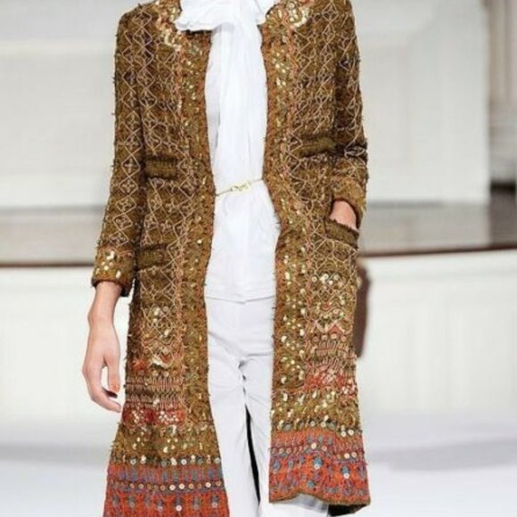 °$7,000 OSCAR DE LA RENTA EXQUISITE GOLDEN BRONZE MULTI BEADED RUNWAY COAT 6 M - Picture 6 of 16
